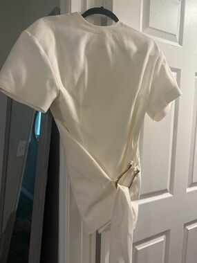Lioness Cream Short-Sleeve Mini Dress with Side Drape and Ring Detail